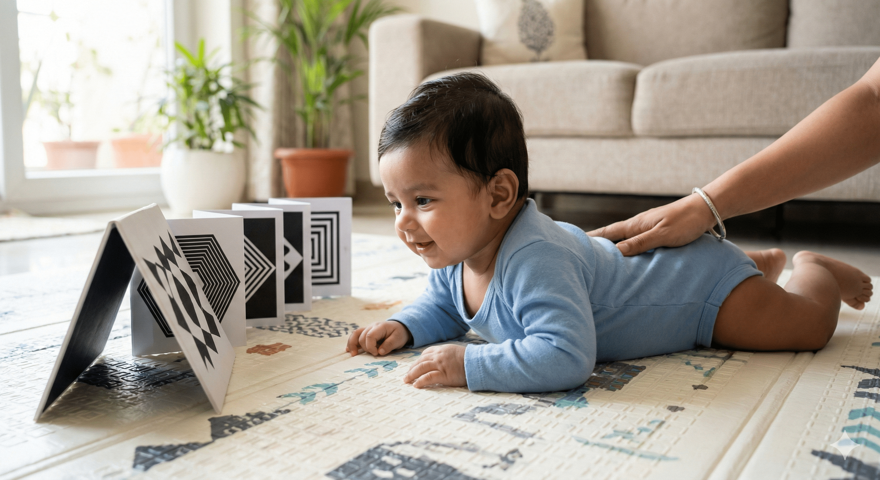 Baby during tummy time using a high-contrast fold-out book to support core strength and visual focus