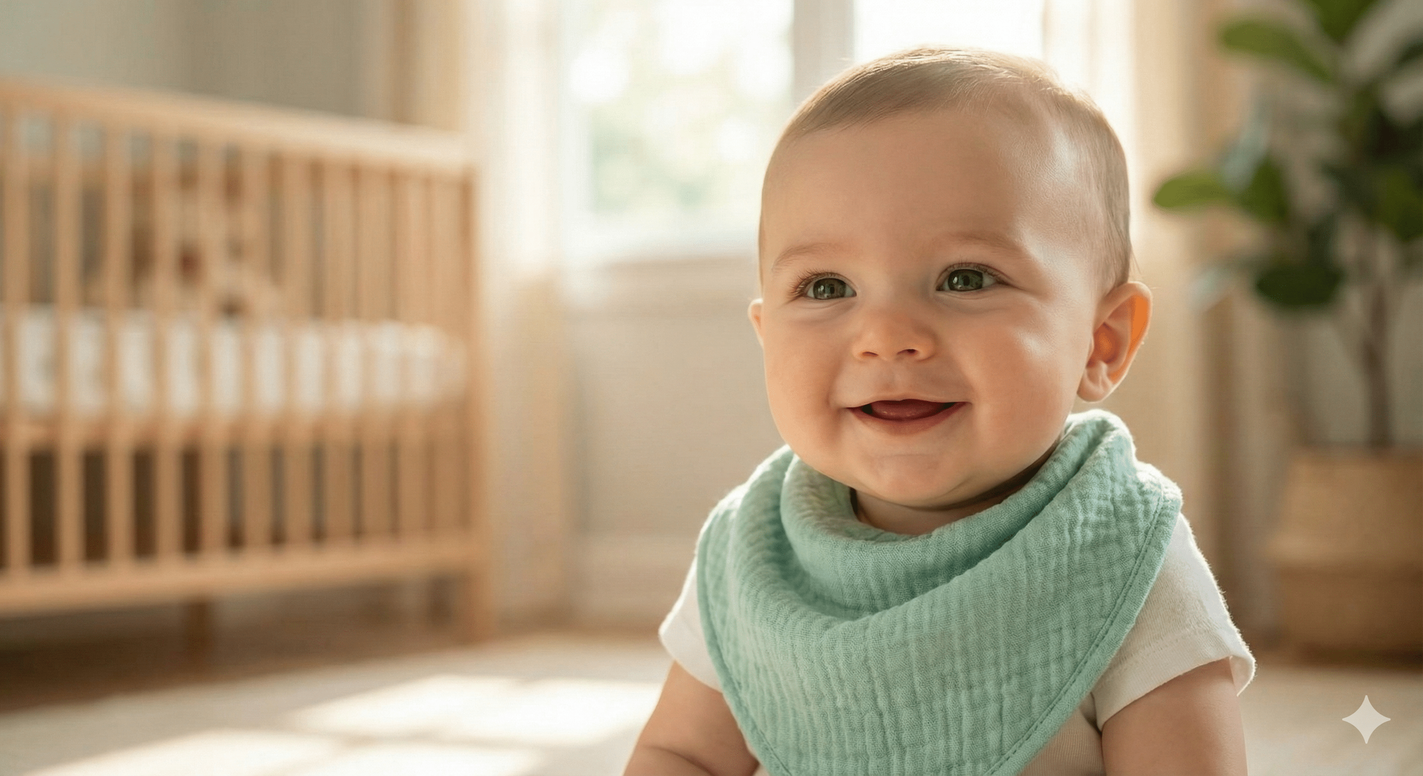 Smiling baby wearing an absorbent bib to help prevent drool rash during teething