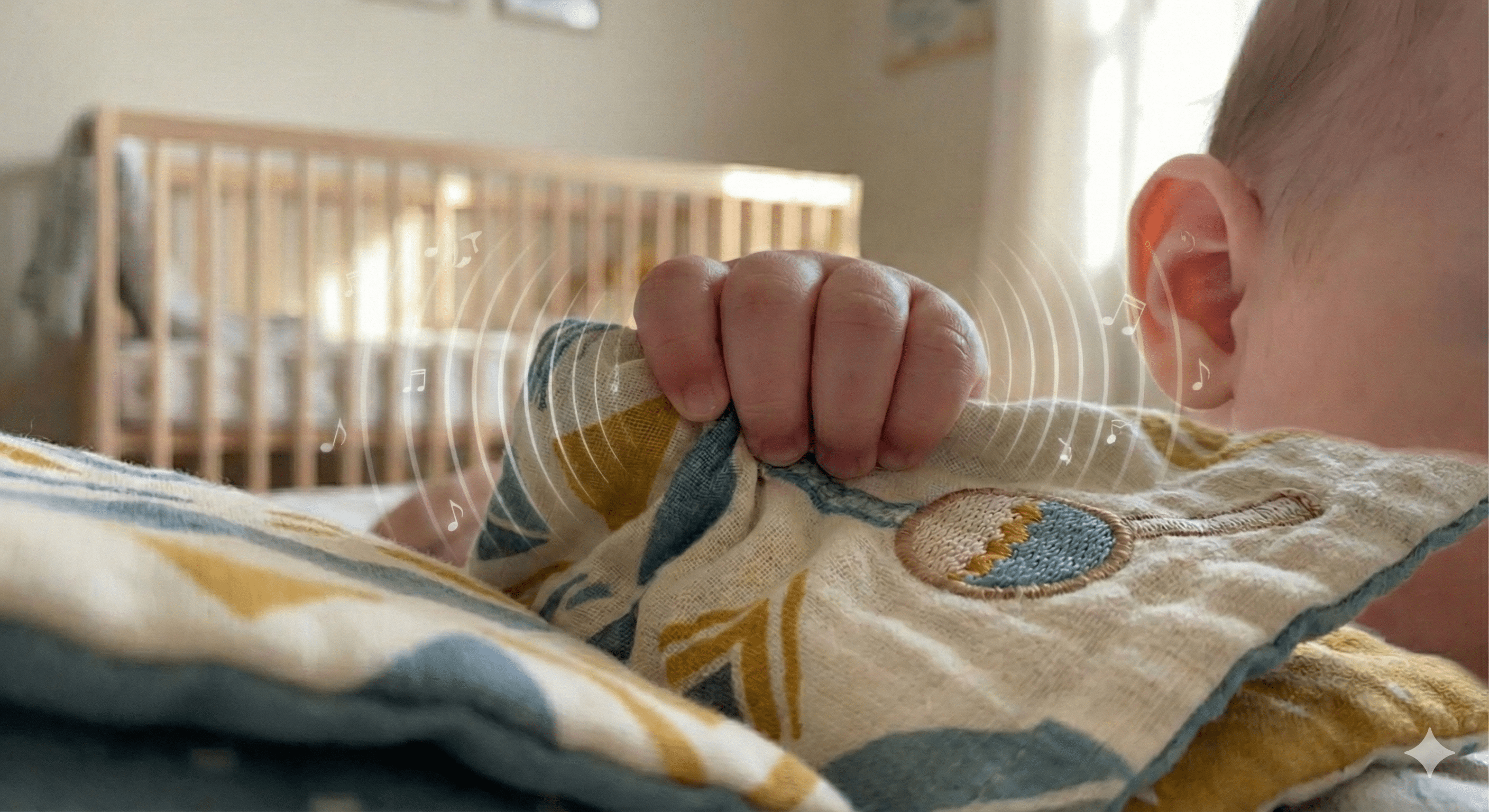 Baby grasping a textured sensory cloth book with crinkle fabric to explore sound and touch