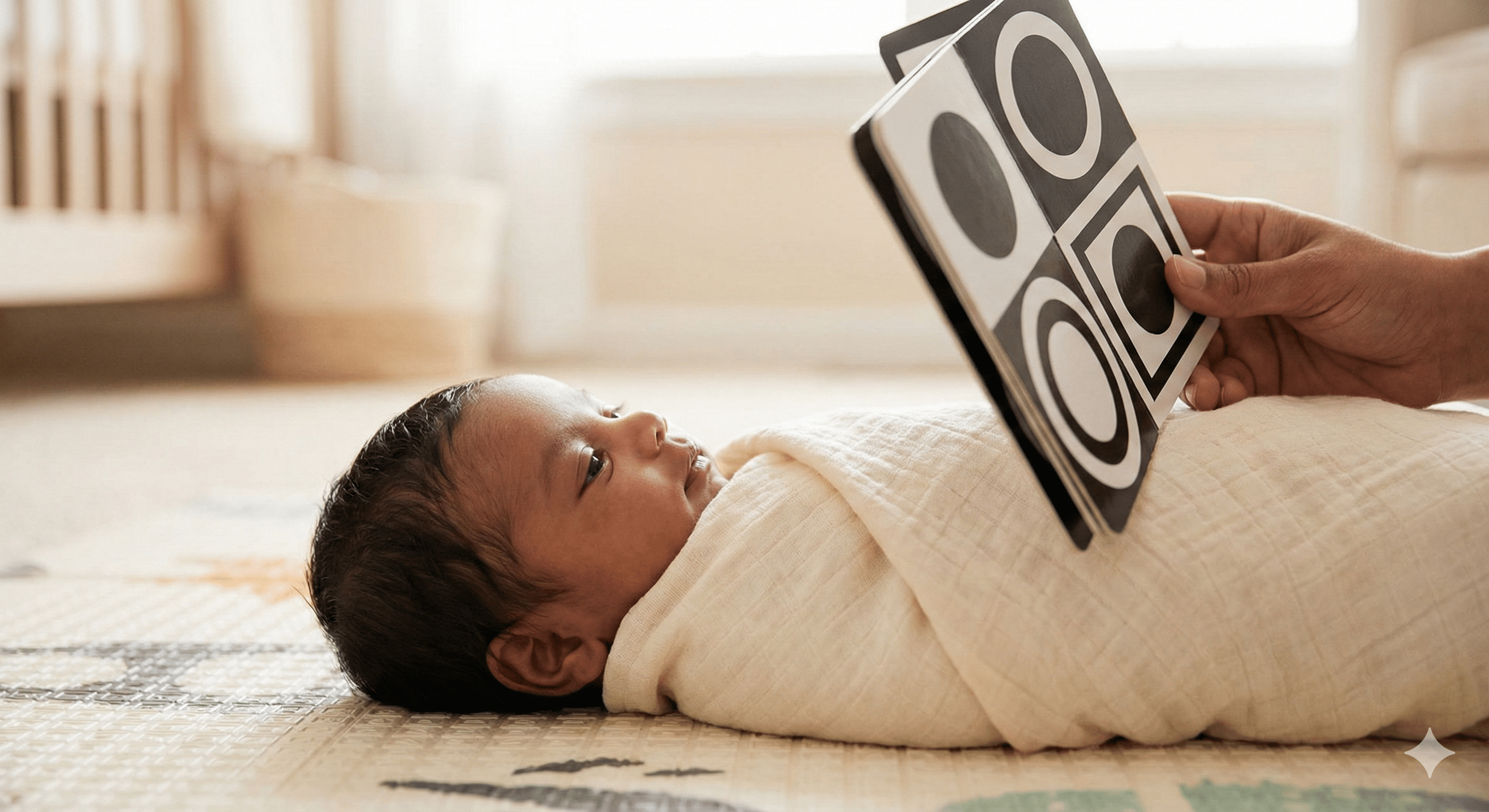 Newborn lying on a mat while viewing black and white high-contrast flash cards for visual development