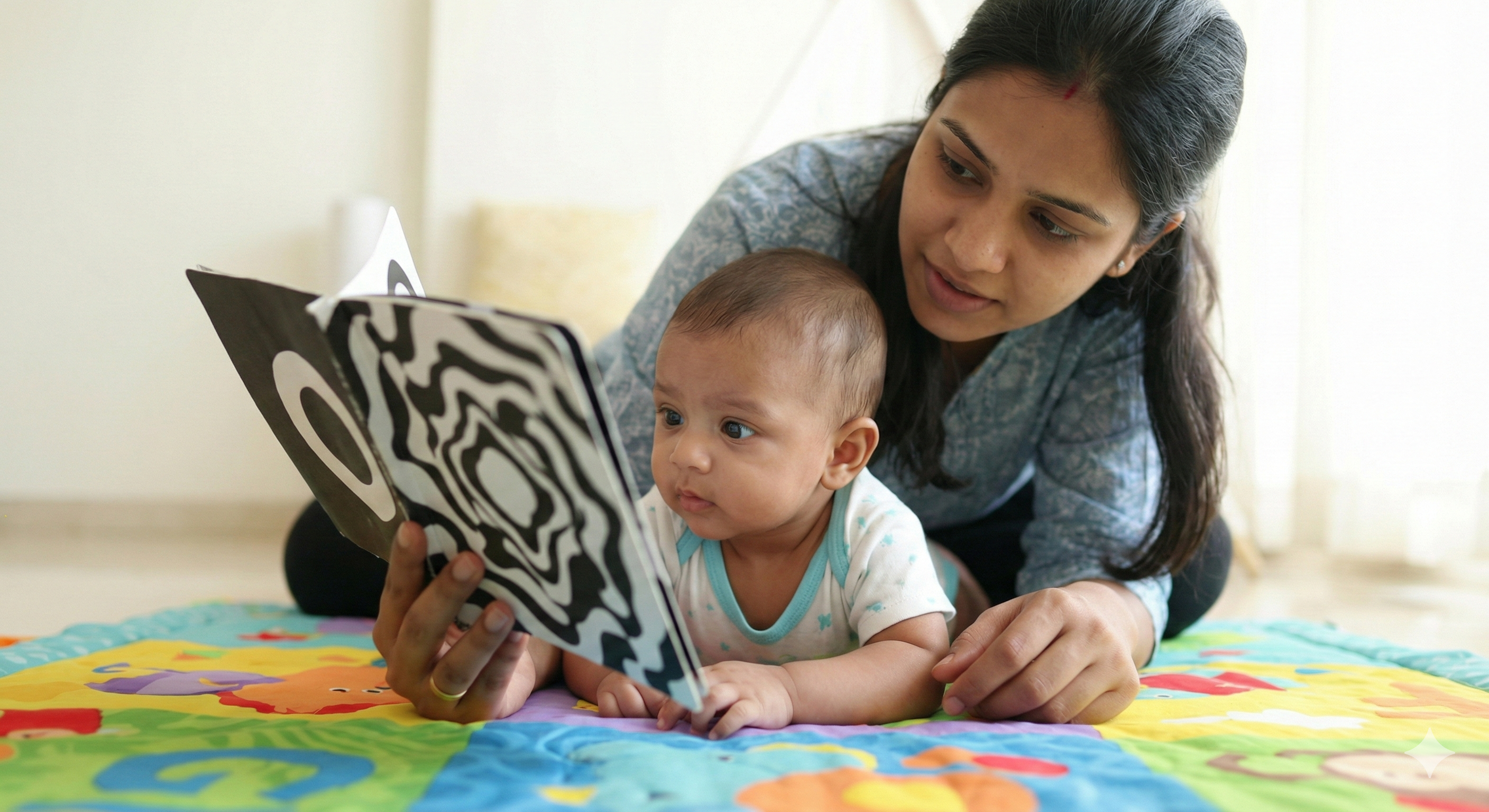 Parent and baby using a high-contrast tummy time book with black and white patterns for visual development