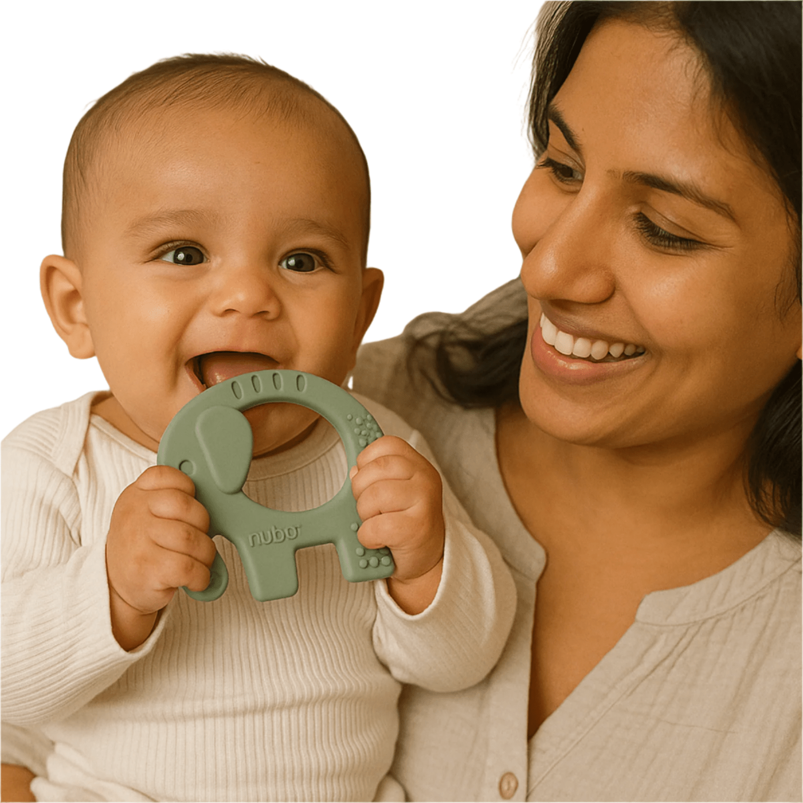 Baby chewing on a silicone teether while being held by a parent