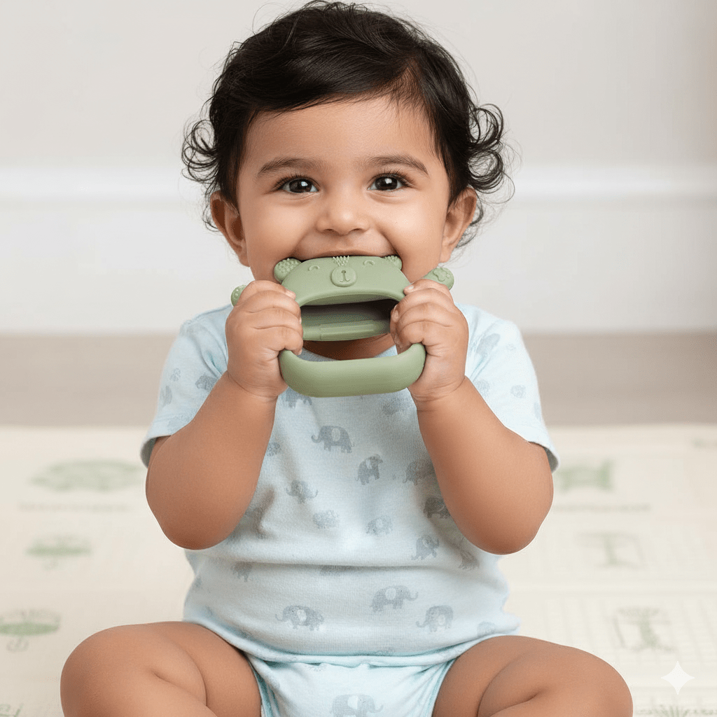 Baby sitting and chewing on a silicone teether to soothe gums and support oral development