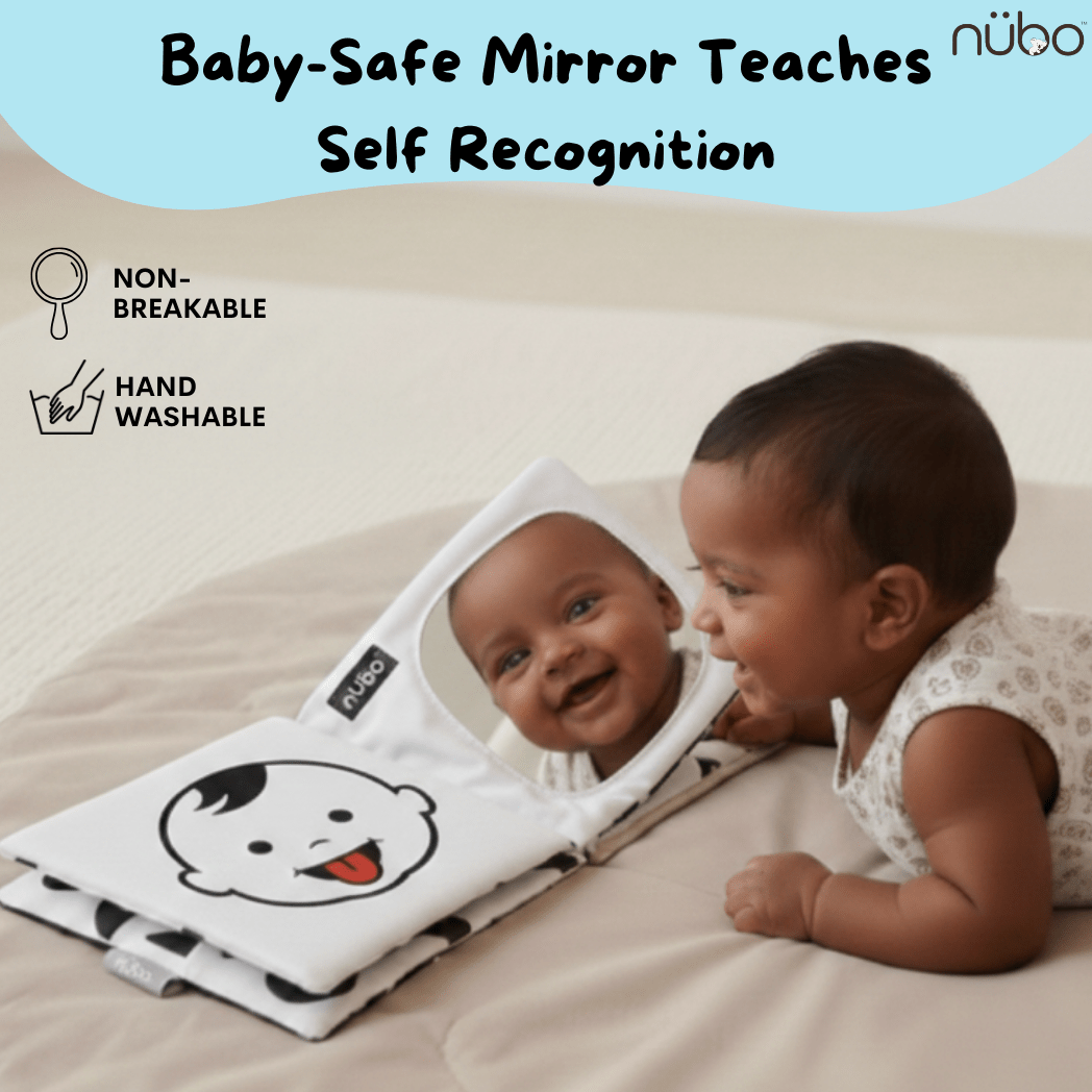 Baby using high contrast cloth book during tummy time - black and white books for newborns