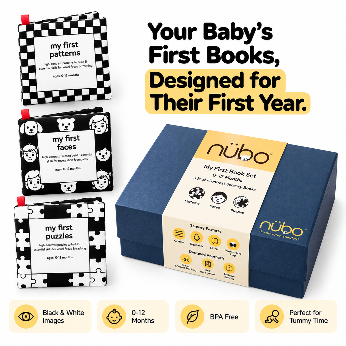 Infant cloth book set, pack of 3 high contrast cloth books for babies 0 to 12 months