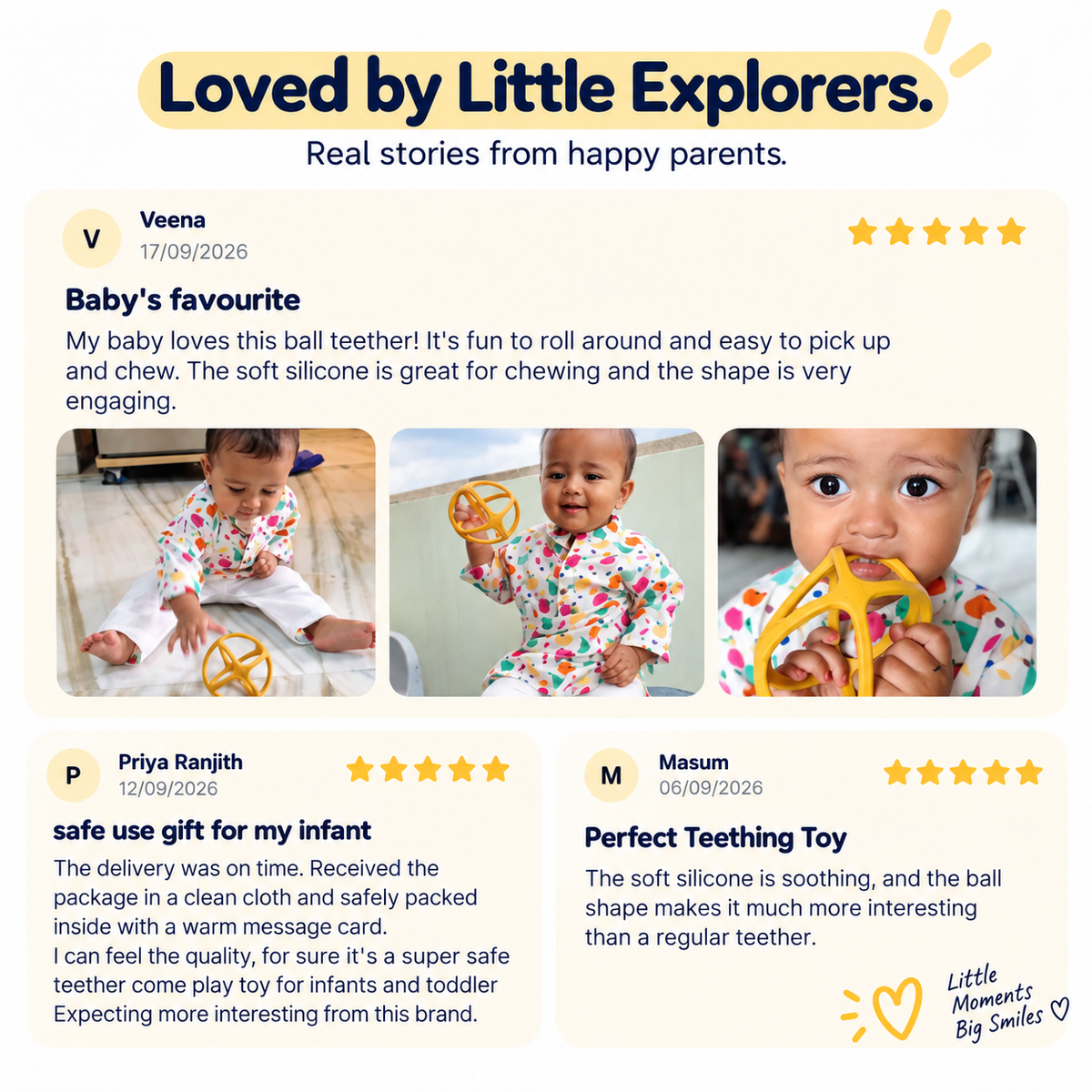 Five star parent reviews of the Orbi Ball teether with photos of babies holding and chewing the yellow silicone ball teether