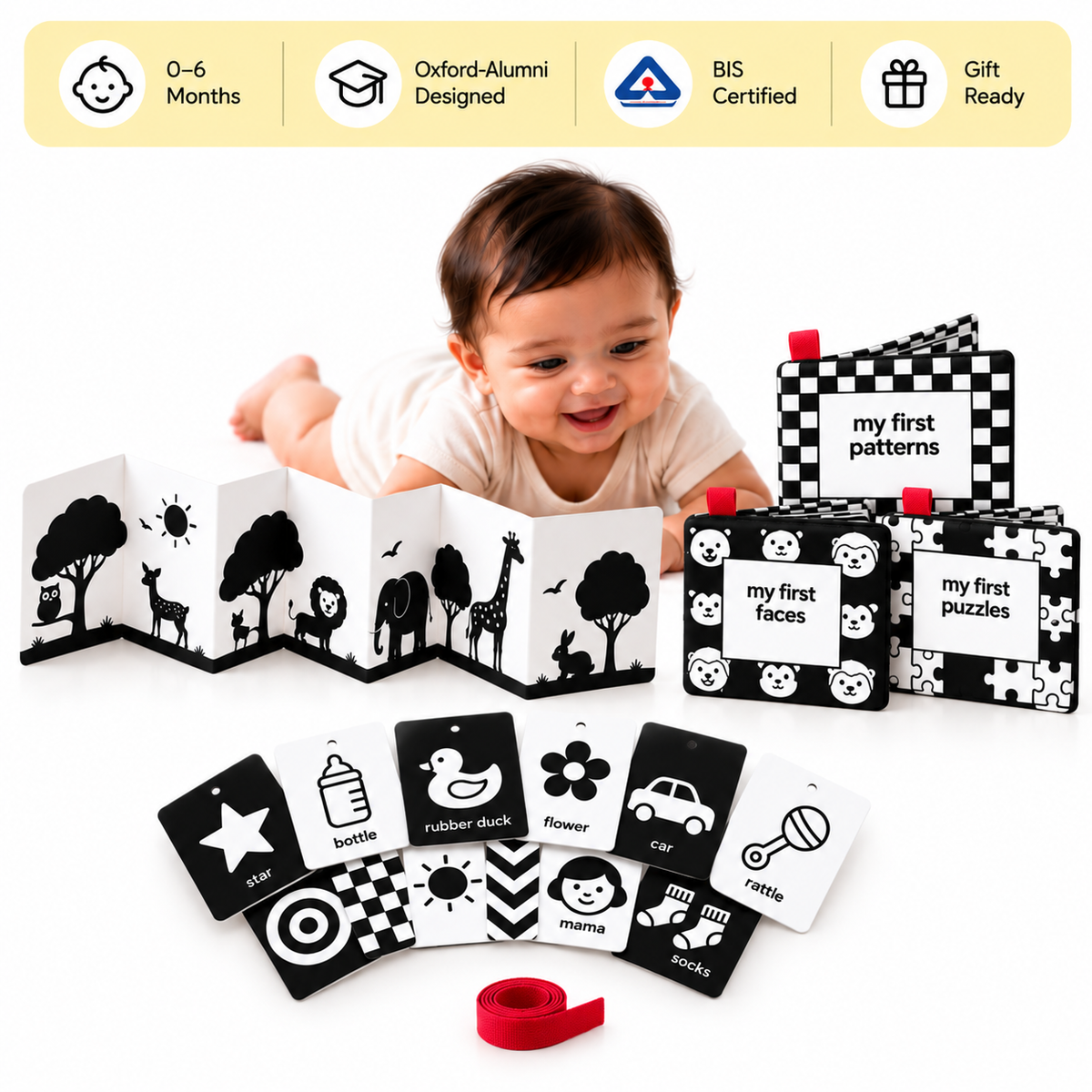Newborn Visual Development Kit (0-12 Months) | High Contrast Books, Flashcards & Tummy Time Banner