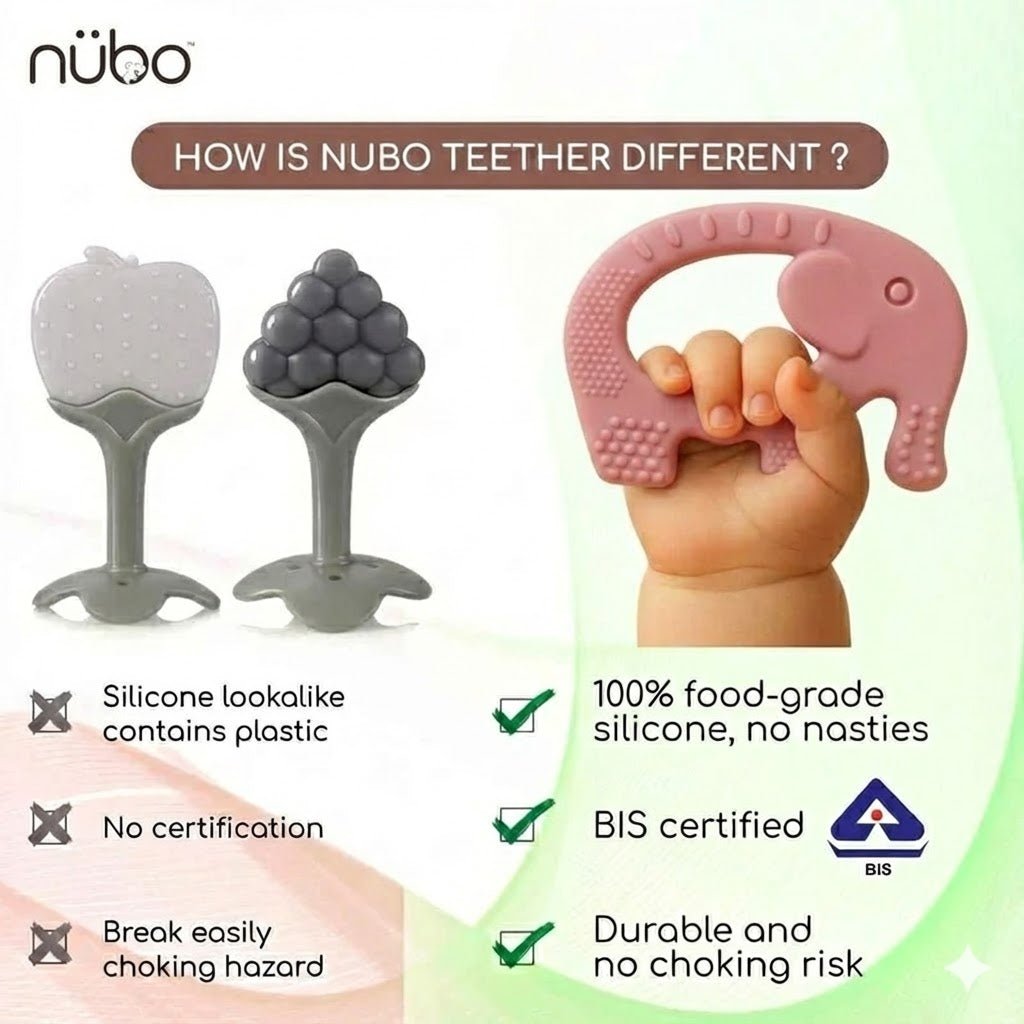 Baby holding Ele silicone ring teether - teething relief for infants 3-12 months