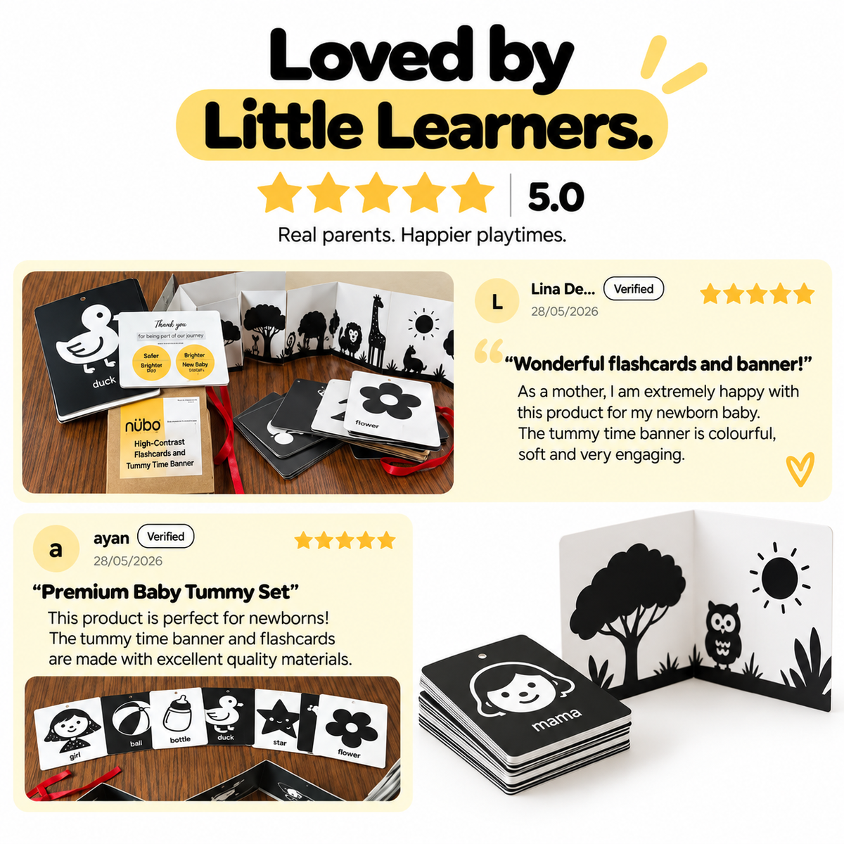 Parent reviews of the Nubokind high contrast flashcards and tummy time banner