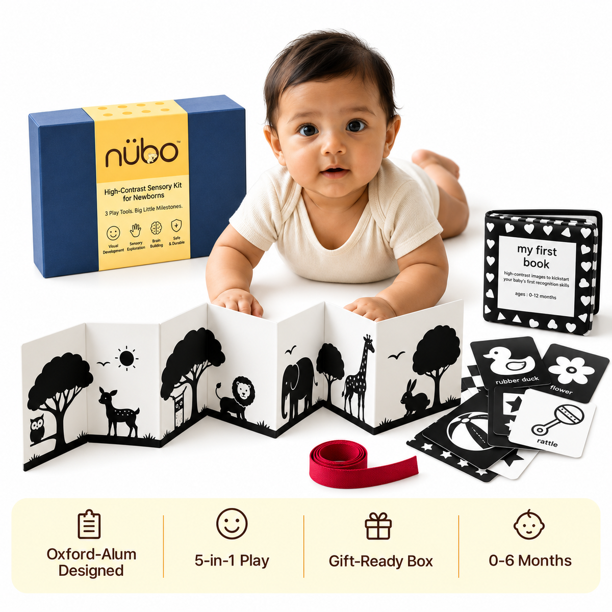 Newborn gift set, a Montessori learning kit with high contrast flashcards and tummy time banner for 0 to 6 months