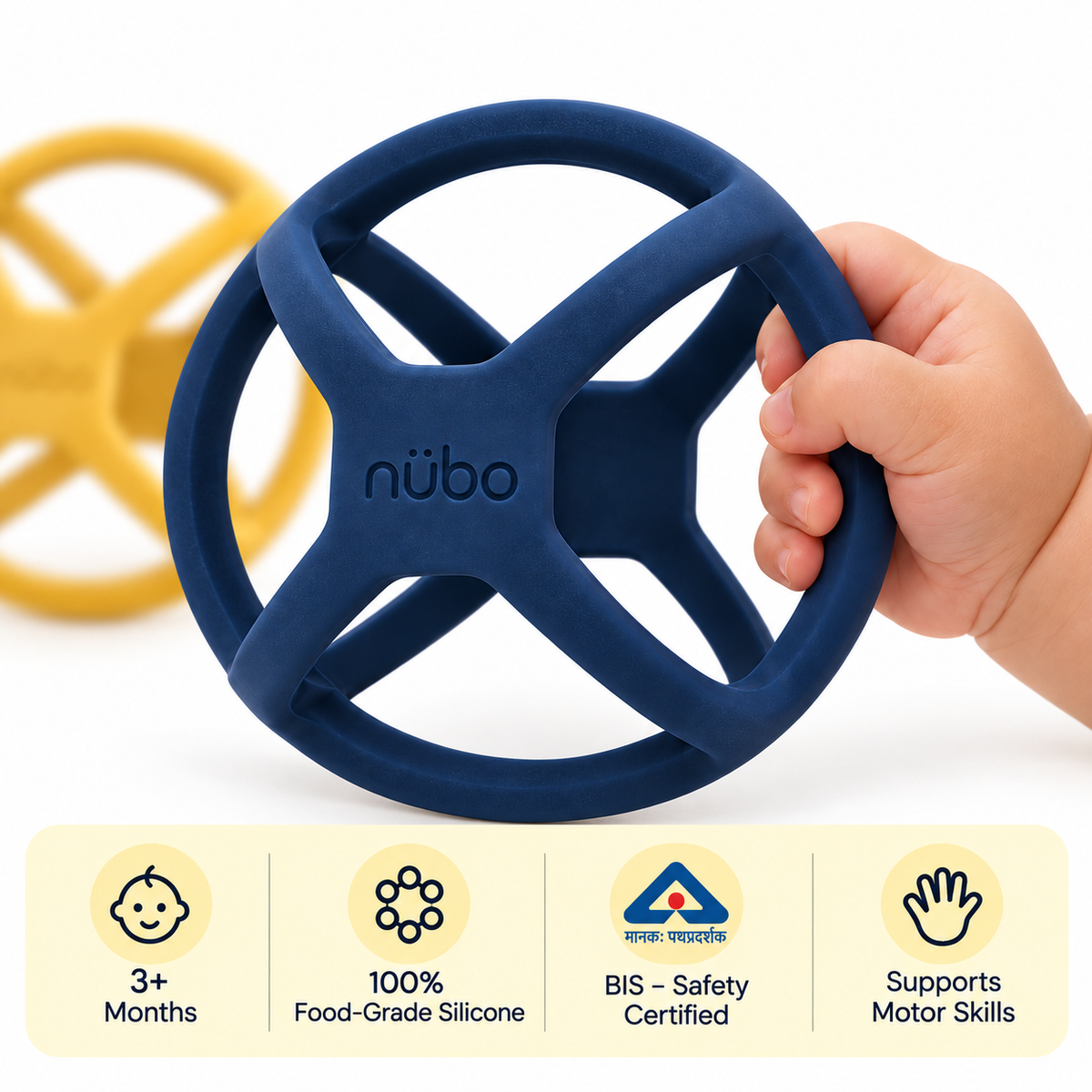 Orbi Ball silicone sensory teether in navy blue held in a baby's hand, BIS safety certified food-grade silicone ball teether for 3 months and up