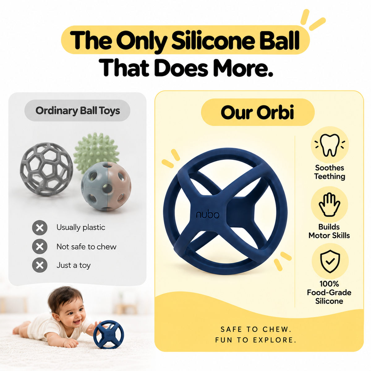Orbi Ball silicone teether compared with ordinary plastic ball toys: soothes teething, builds motor skills and is 100% food-grade silicone