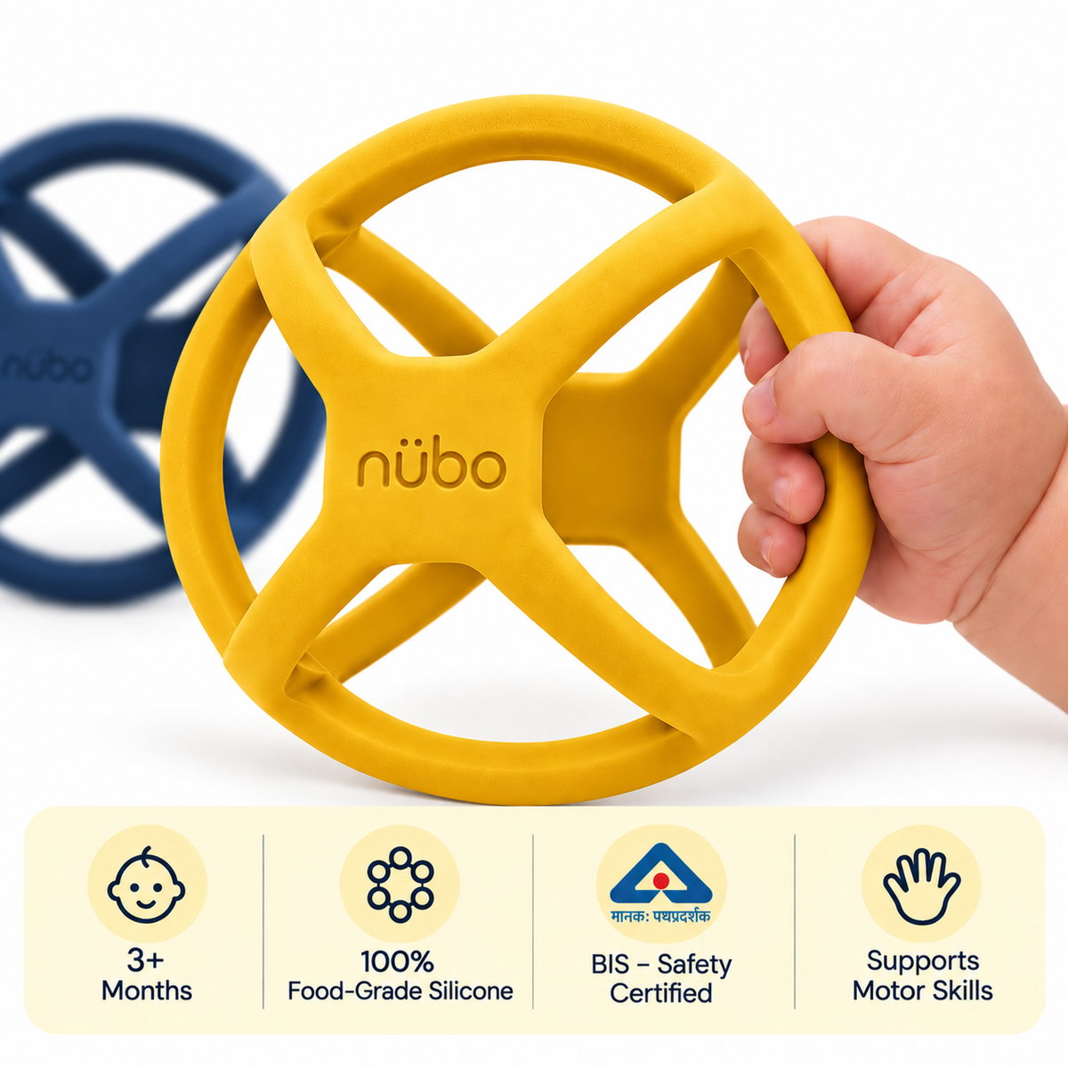 Orbi Ball silicone sensory teether in mustard yellow held in a baby's hand, BIS safety certified food-grade silicone ball teether for 3 months and up