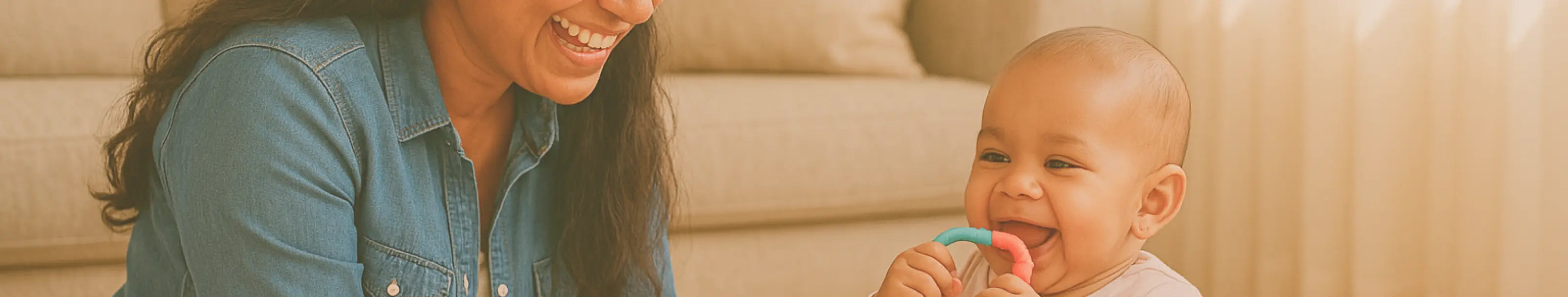 Happy baby finding comfort with a soft, safe nubo newborn teether, demonstrating effective baby teething relief. Explore our chewable baby toys.