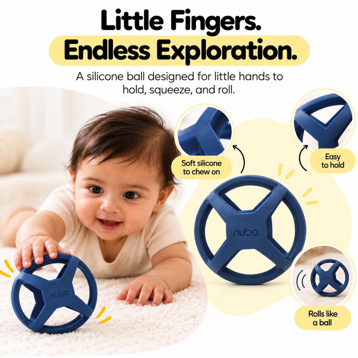 Baby reaching for a navy blue Orbi silicone teether ball
