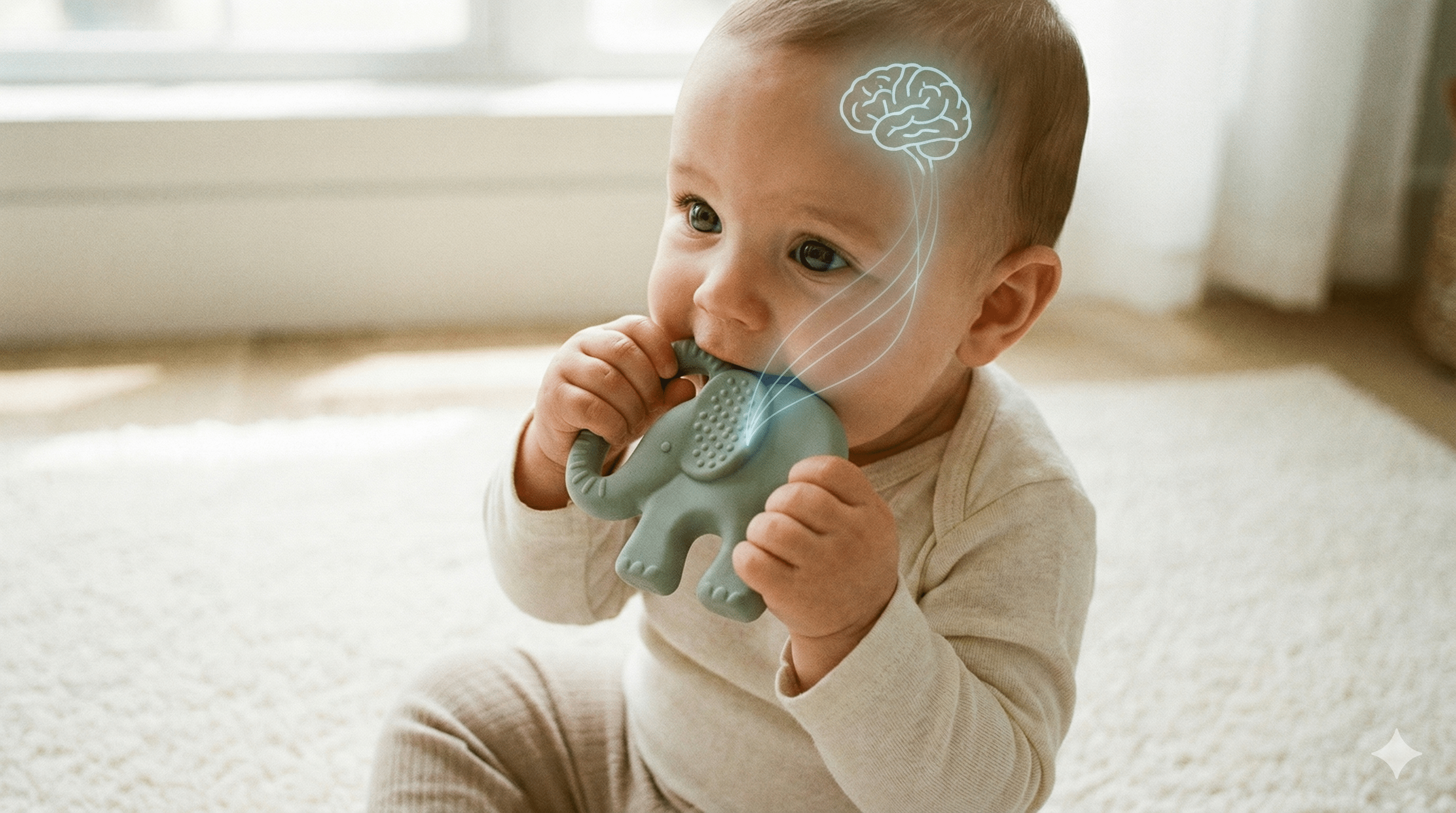Baby exploring a silicone teether by mouthing it, supporting sensory development and oral exploration