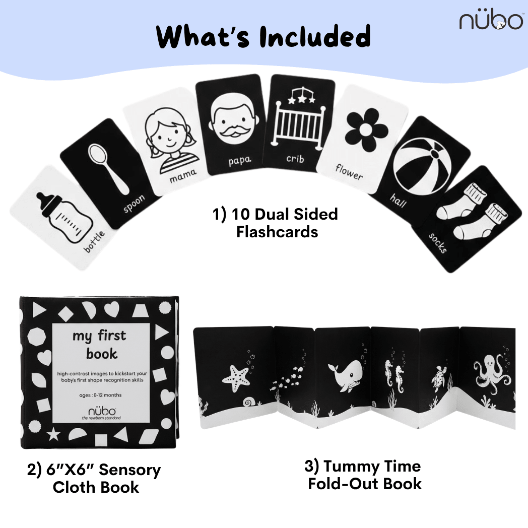 Montessori newborn gift kit with sensory cloth book and high contrast flashcards India