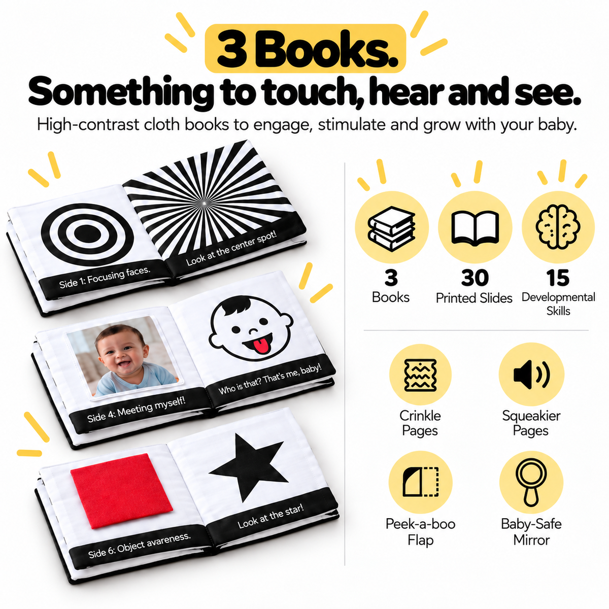 Newborn Visual Development Kit (0-12 Months) | High Contrast Books, Flashcards & Tummy Time Banner