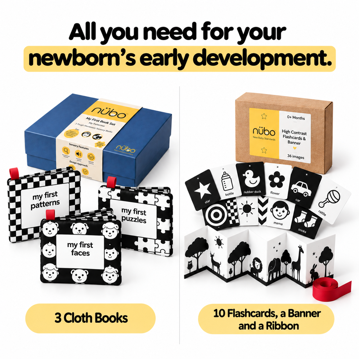 Newborn Visual Development Kit (0-12 Months) | High Contrast Books, Flashcards & Tummy Time Banner
