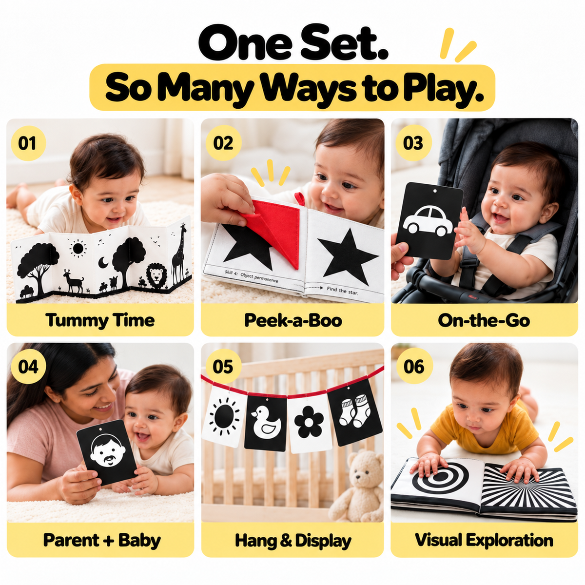 Newborn Visual Development Kit (0-12 Months) | High Contrast Books, Flashcards & Tummy Time Banner