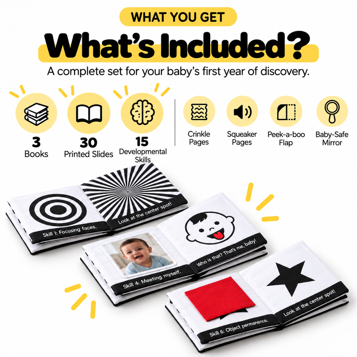 What is included in the infant cloth book set: 3 high contrast cloth books, 30 printed sides, crinkle pages, squeaker, peek-a-boo flap and baby-safe mirror
