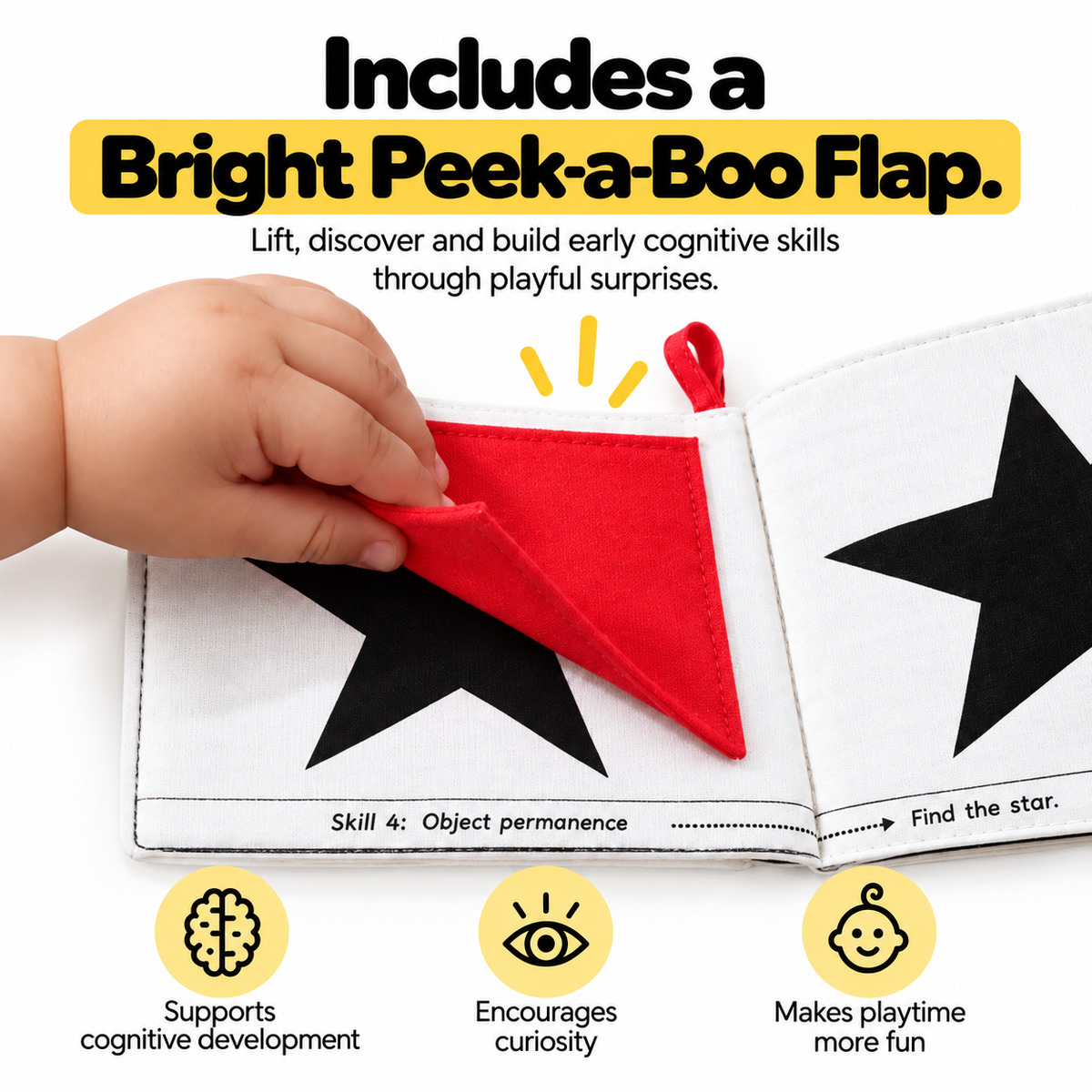 Peek-a-boo flap in the high contrast cloth book for object permanence play