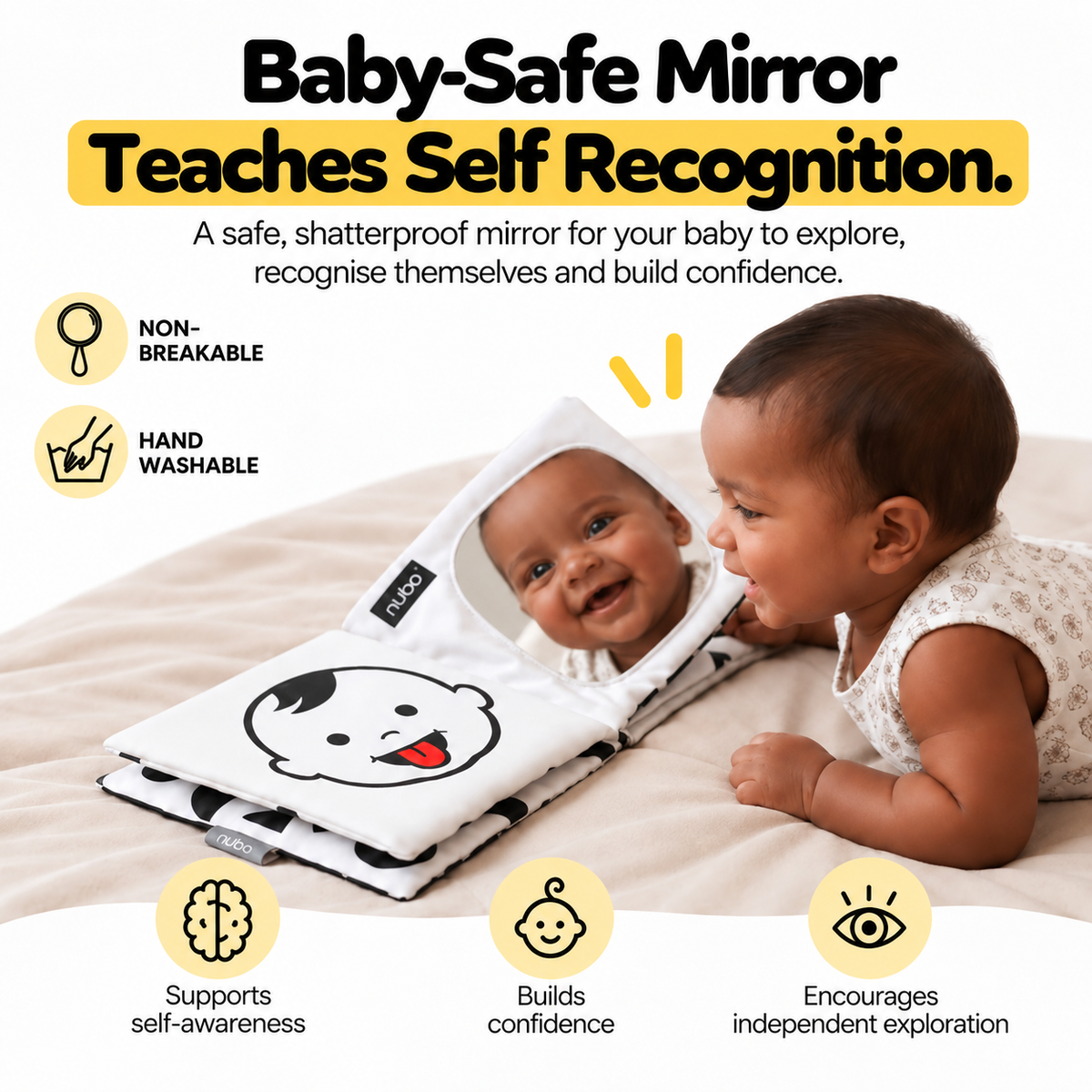 Baby-safe mirror page in the infant cloth book set for self recognition