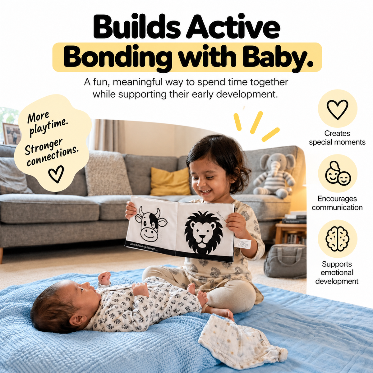 High contrast cloth book page spread with bold black and white shapes for newborn vision