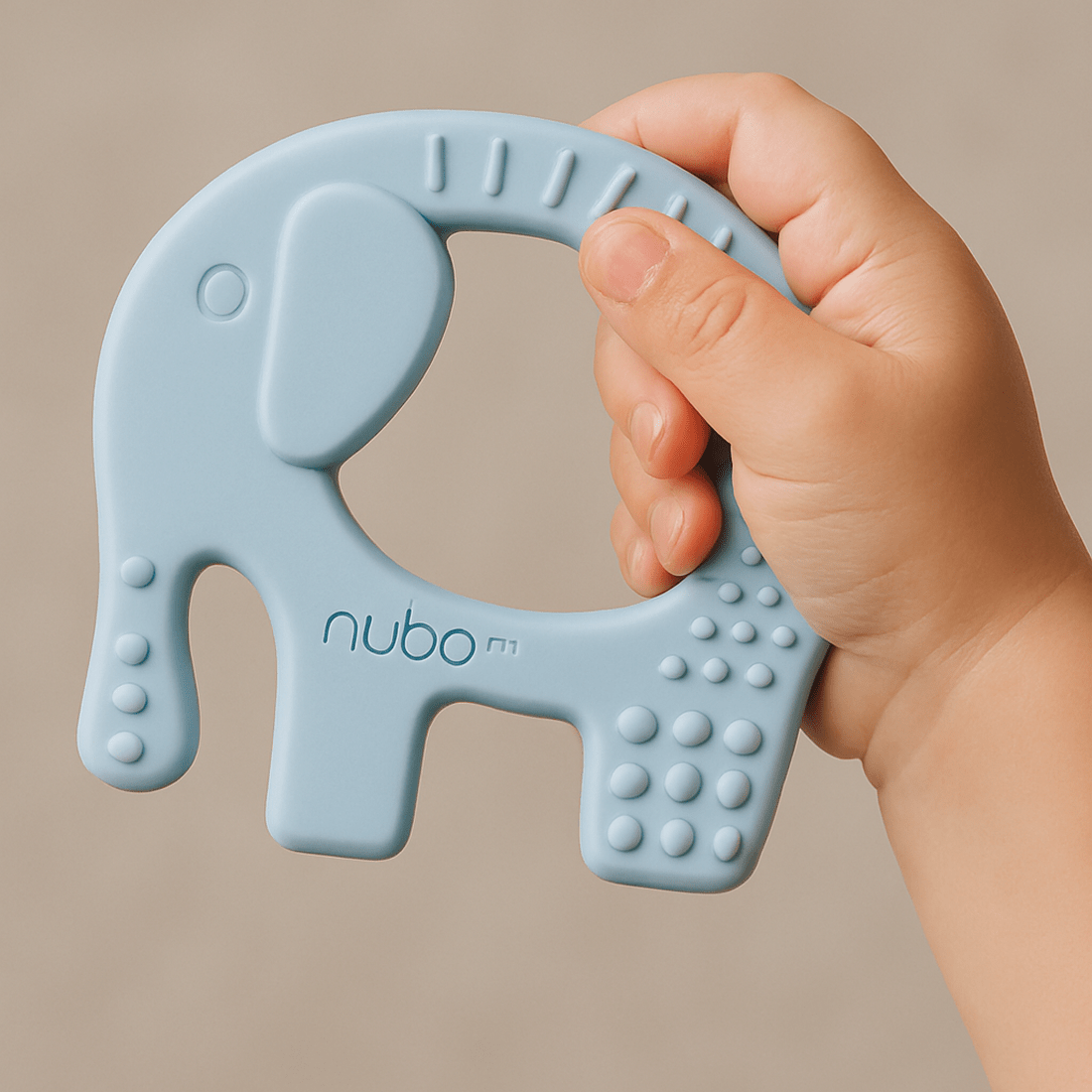 Ele Buddy ring teether in blue – ergonomic, food-grade silicone baby teething toy by Nubo for safe and soft teething relief.