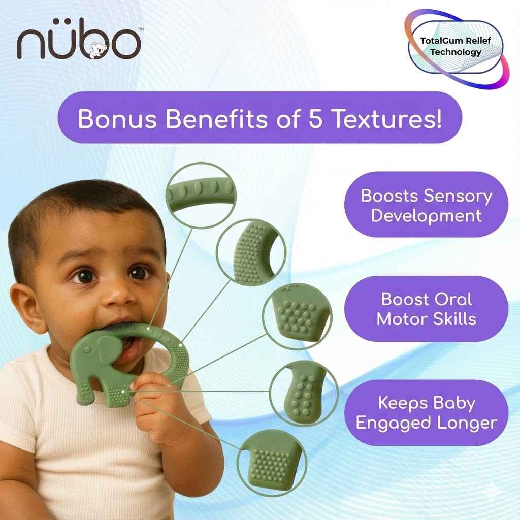 Baby holding Ele silicone ring teether - teething relief for infants 3-12 months 