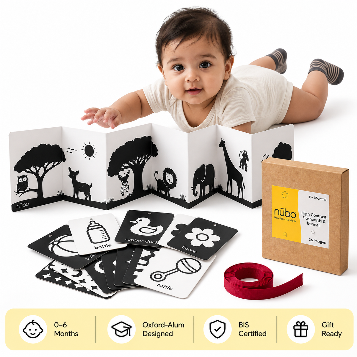 High contrast flashcards and tummy time banner for newborns, black and white images, BIS certified and gift ready for 0 to 6 months