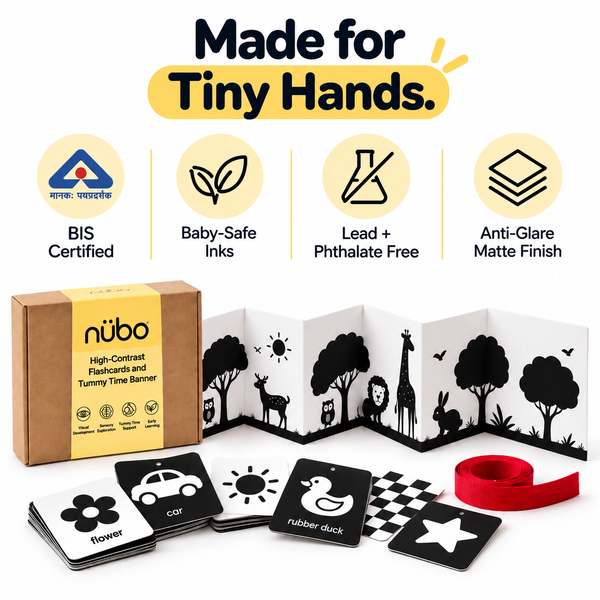 High contrast flashcards and tummy time banner in gift ready box packaging, a newborn gift idea
