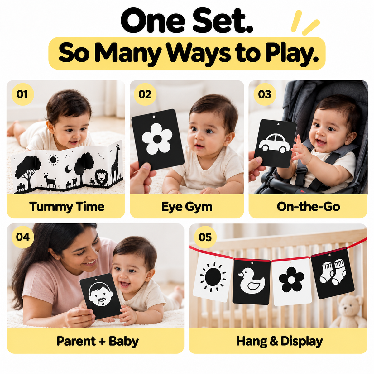 Ways to use the high contrast flashcards and tummy time banner with a newborn