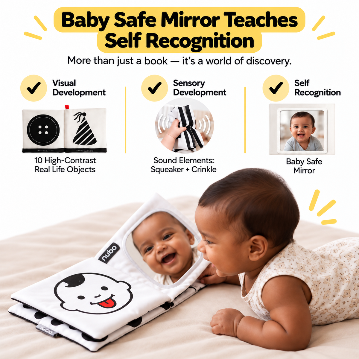 Baby-safe mirror in the newborn Montessori learning kit for self recognition
