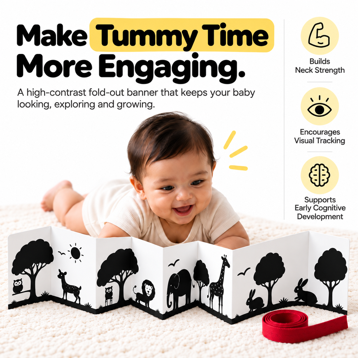 Baby during tummy time with the high contrast tummy time banner as a visual target