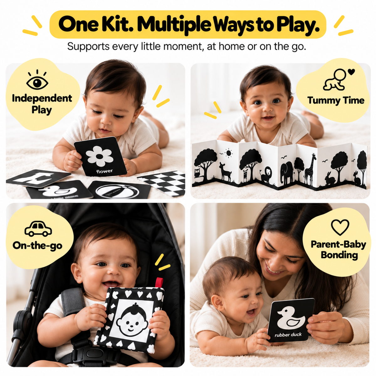 Four ways to use the newborn Montessori kit: independent play, tummy time, on the go in a stroller, and parent baby bonding