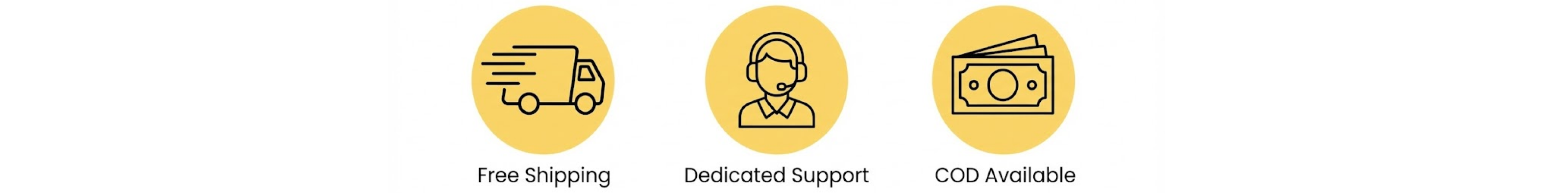 Website banner icons showing free shipping, dedicated customer support, and cash on delivery availability.