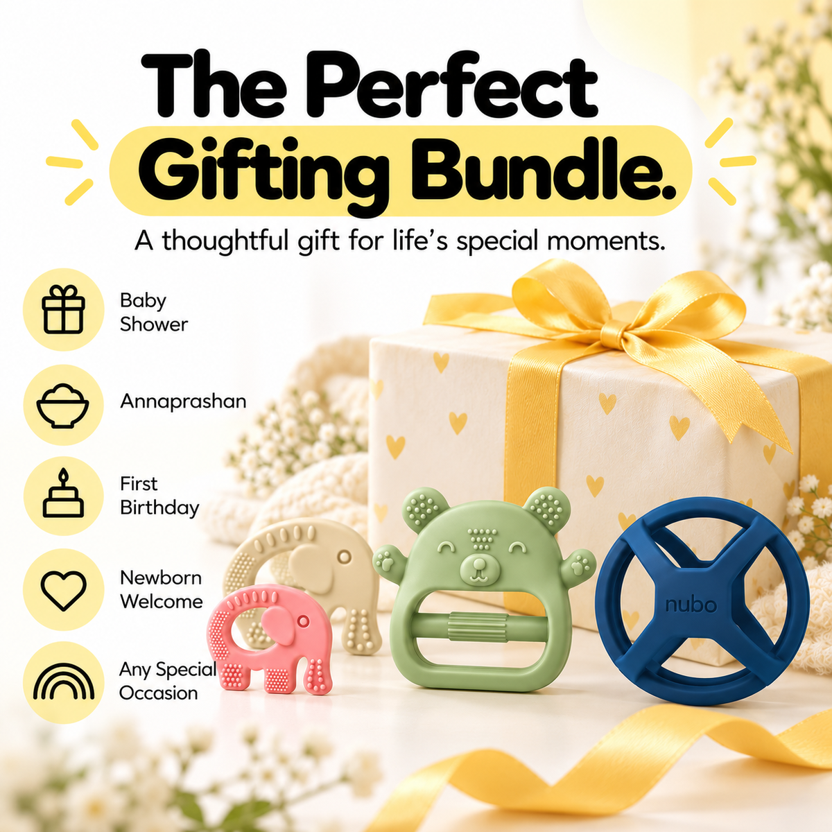 Nubokind silicone teether bundle shown as a baby shower and newborn gift with a ribbon wrapped box